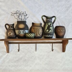Southwestern Aztec Wooden Shelf 23.5" x 15.5" x 5" Metal Pottery Key Hooks